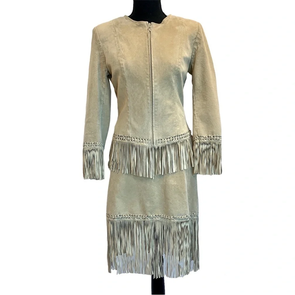 DANIER Leather cream beige suede fringe jacket skirt set S/8/10 western cowgirl - Picture 10 of 10